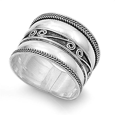 Sterling Silver Bali Spiral and Rope Edge Design Wide Band RingAnd Face Height of 17MM