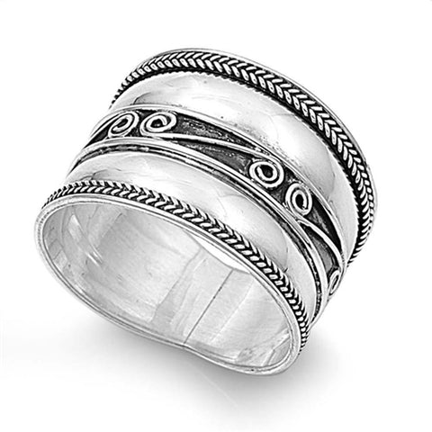 Sterling Silver Bali Spiral and Rope Edge Design Wide Band RingAnd Face Height of 17MM