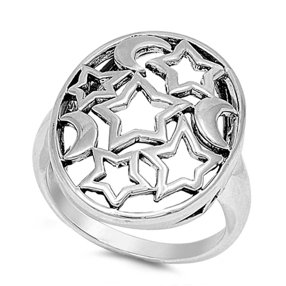 Sterling Silver Rhodium Plated Moon And Star Shaped Plain RingsAnd Face Height 23mm