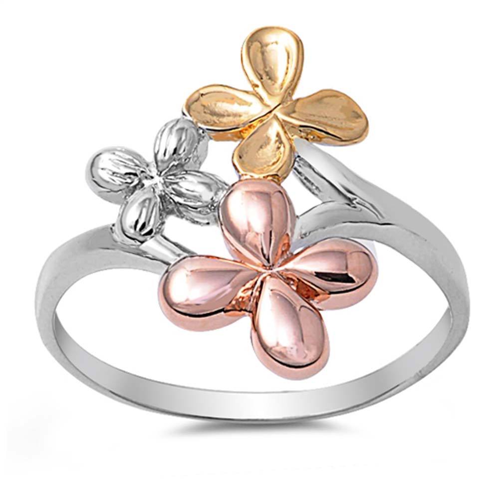 Sterling Silver Fancy Plumeria Three Tone with Gold and Rose Gold Plated RingAnd Face Height of 19MM