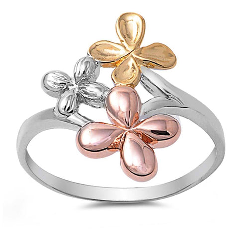 Sterling Silver Fancy Plumeria Three Tone with Gold and Rose Gold Plated RingAnd Face Height of 19MM