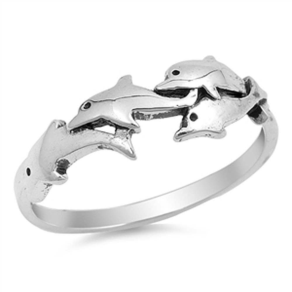 Sterling Silver Fancy Four Dolphins Ring with Face Height of 7MM