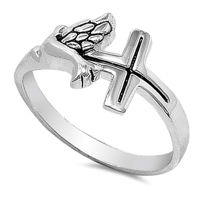 Sterling Silver Cross and Dove Ring with Face Height of 10MM