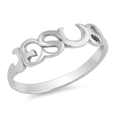 Sterling Silver Plain Cursive  JESUS  Ring with Face Height of 5MM