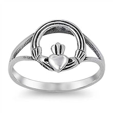 Load image into Gallery viewer, Sterling Silver Fancy Claddagh Hands Formed in Circle Ring with Face Height of 11MM