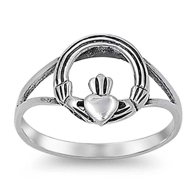 Sterling Silver Fancy Claddagh Hands Formed in Circle Ring with Face Height of 11MM