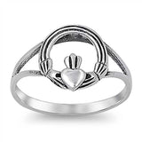 Sterling Silver Fancy Claddagh Hands Formed in Circle Ring with Face Height of 11MM