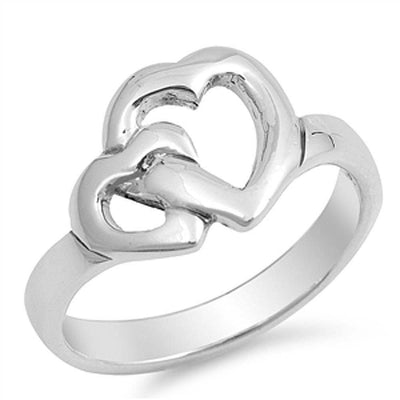 Sterling Silver Trendy Double Heart  Ring with Face Height of 9MM