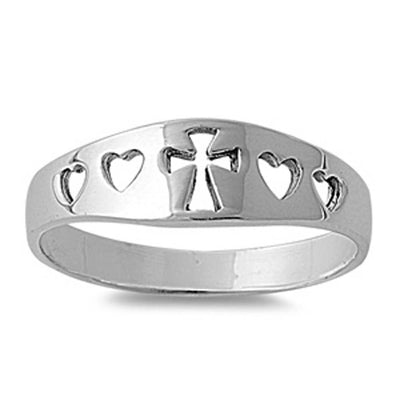 Sterling Silver Cross And Hearts Ring