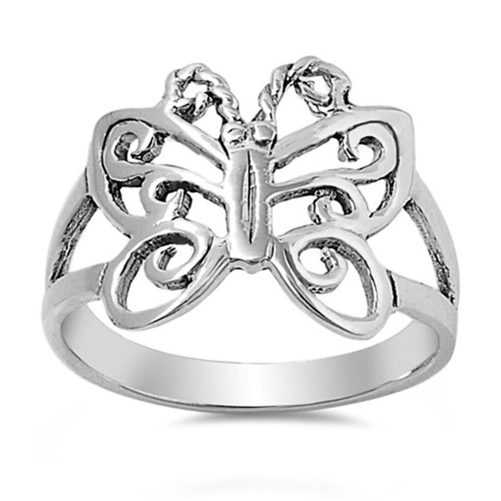 Sterling Silver Trendy Fashion Butterfly Ring with Face Height of 14MM