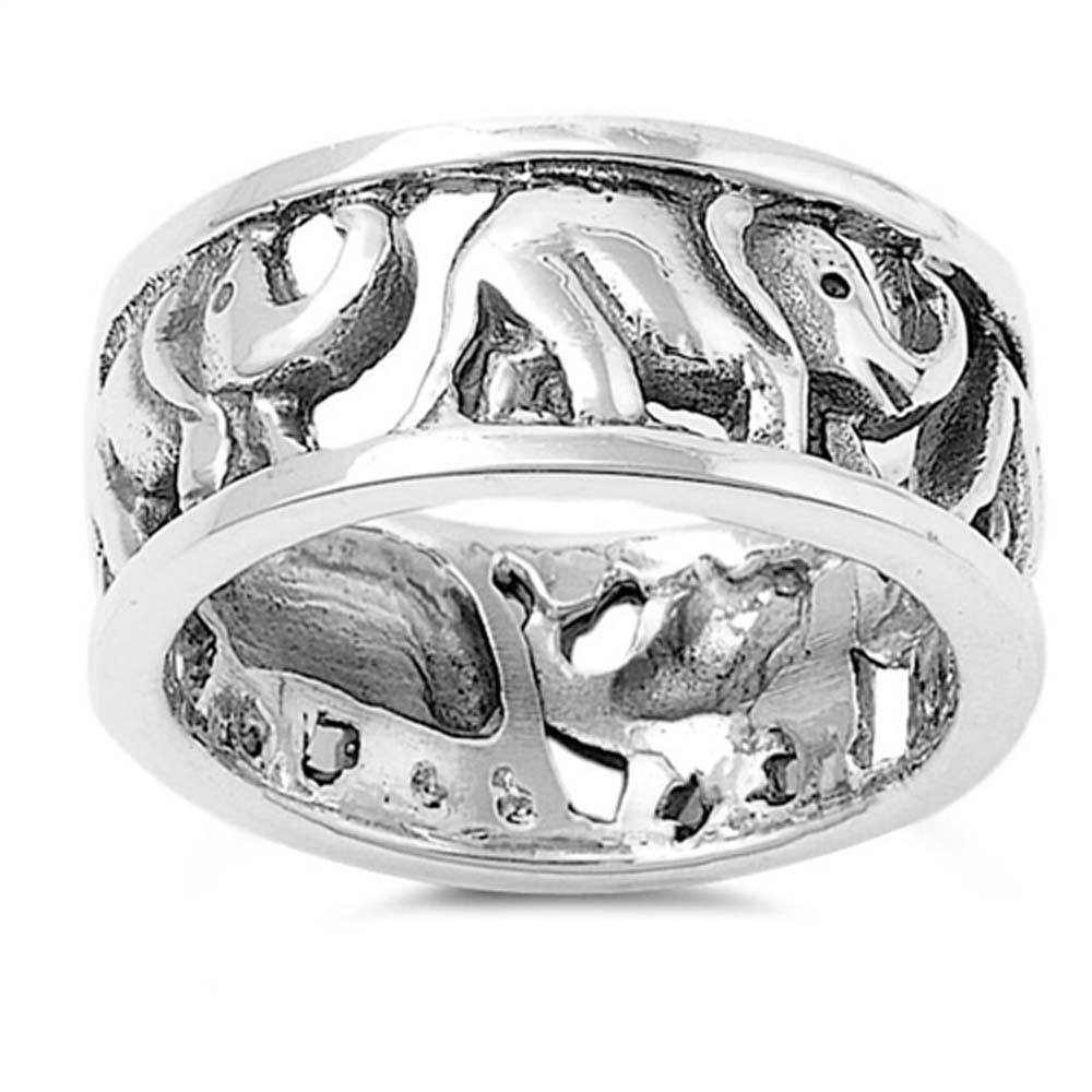 Sterling Silver Marching Elephants Ring with Face Height of 9MM