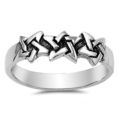 Sterling Silver Stylish Triple Pentagram Star Celtic Knot Ring with Face Height of 6MM