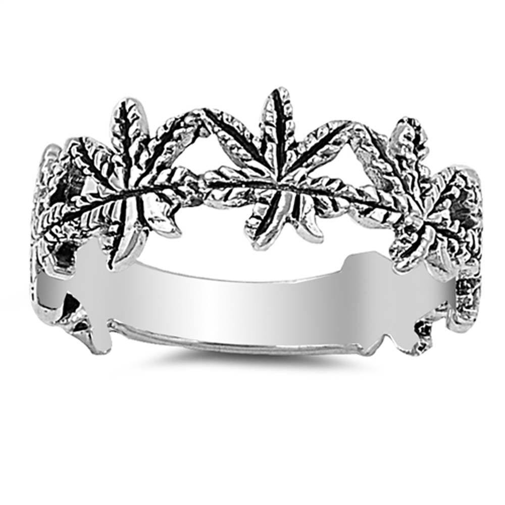 Sterling Silver Modish Marijuana Band Ring with Face Height of 7MM
