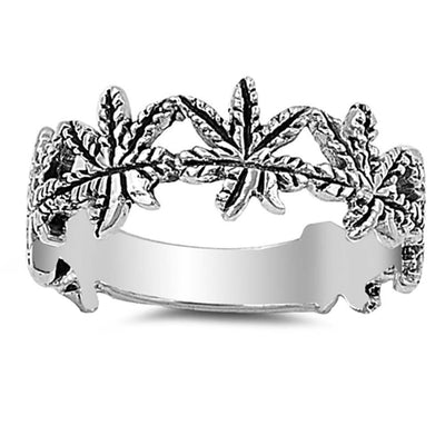 Sterling Silver Modish Marijuana Band Ring with Face Height of 7MM