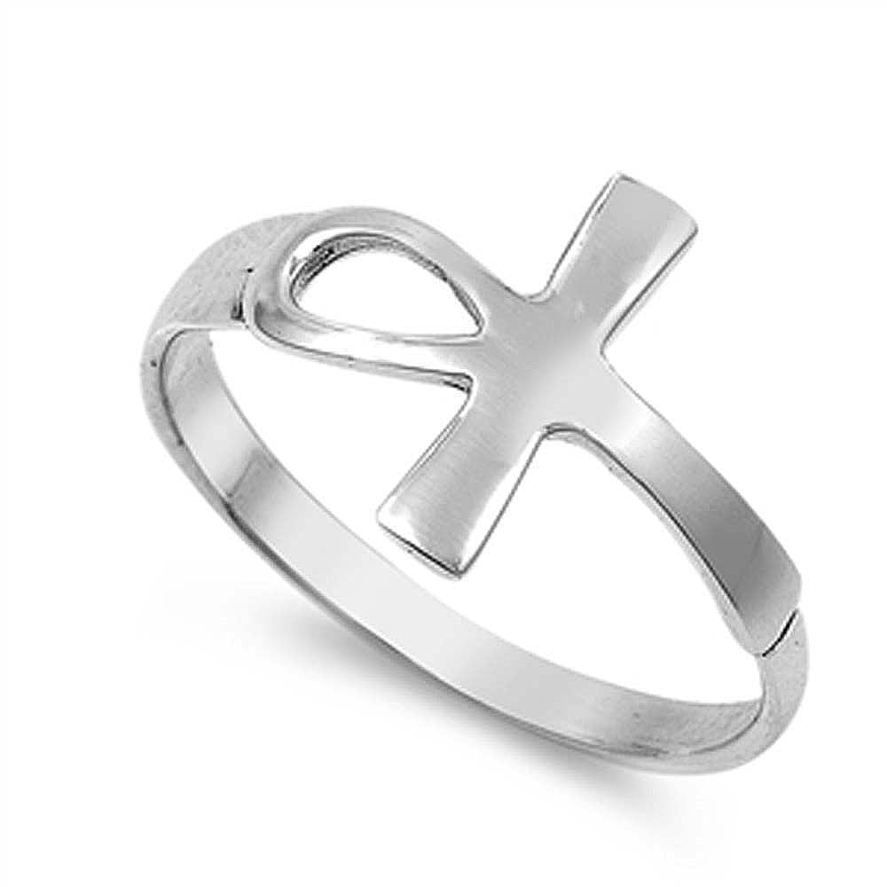 Sterling Silver Plain Sideway Ankh Ring with Face Height of 12MM