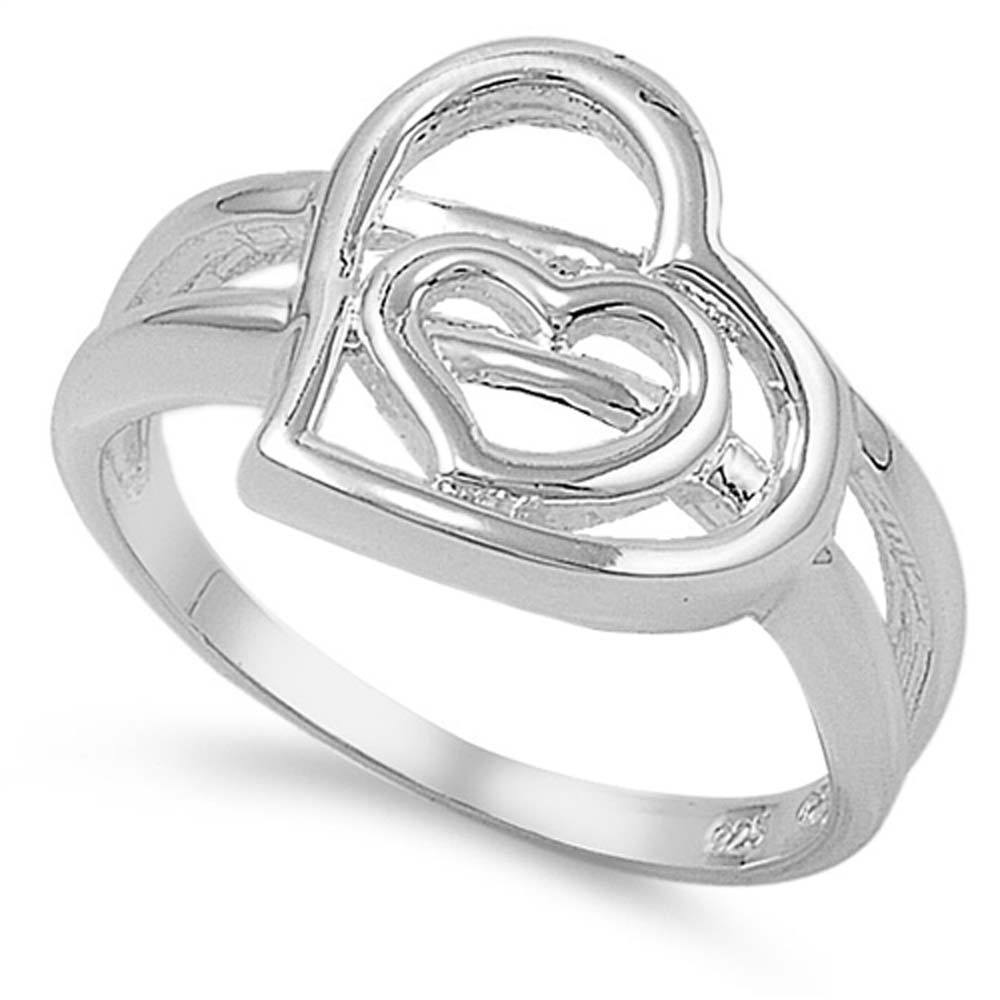 Sterling Silver Stylish Double Heart Ring and Fancy Band with Face Height of 12MM