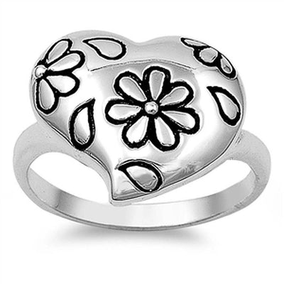 Sterling Silver Trendy Heart with Flower Stamp Design Ring And Face Height of 17.4MM