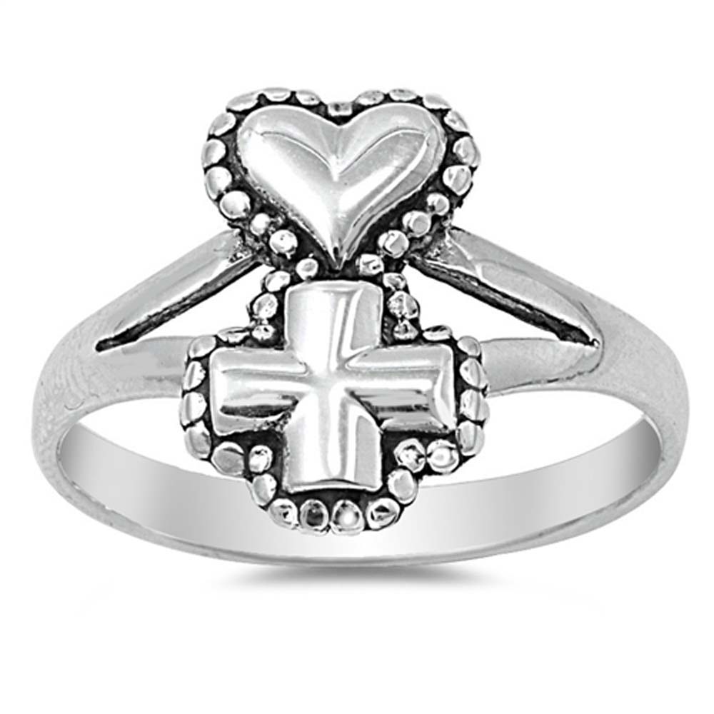Sterling Silver Elegant Cross and Heart on Top with Face Height of 14MM