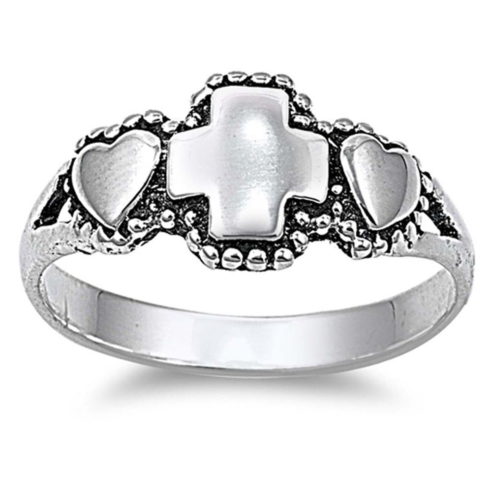 Sterling Silver Cross and Heart Ring with Face Height of 9MM