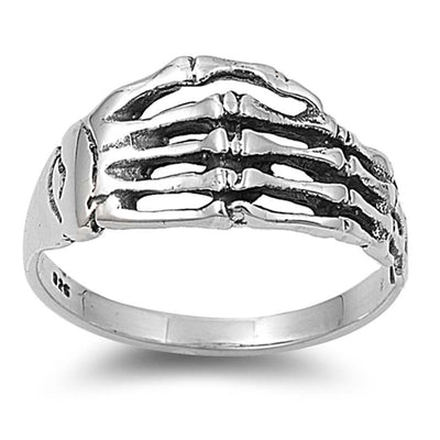Sterling Silver Skeleton Hand Ring with Face Height of 10MM
