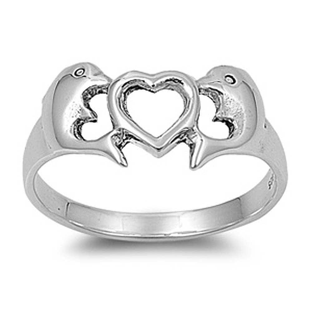 Sterling Silver Fancy Dolphins with Heart in Center RingAnd Face Height of 10MM