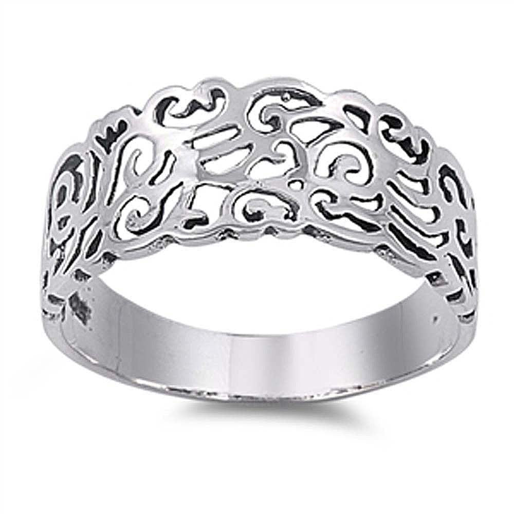 Sterling Silver Fancy Spiral Vine Band Ring with Face Height of 9MM