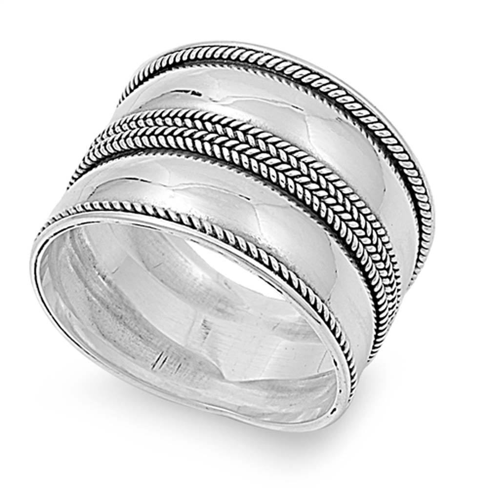 Sterling Silver Bali Tribal Design Twisted Edge Cigar Band Ring with Face Height of 16MM