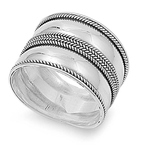 Sterling Silver Bali Tribal Design Twisted Edge Cigar Band Ring with Face Height of 16MM