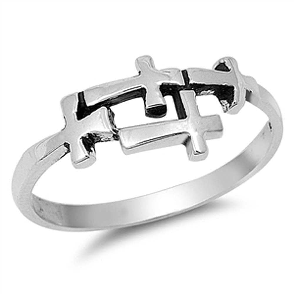 Sterling Silver Four Sideway Crosses Ring with Face Height of 8MM