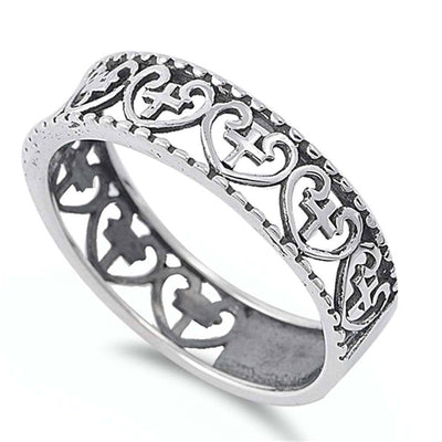 Sterling Silver Heart with Cross Band Ring with Face Height of 6MM