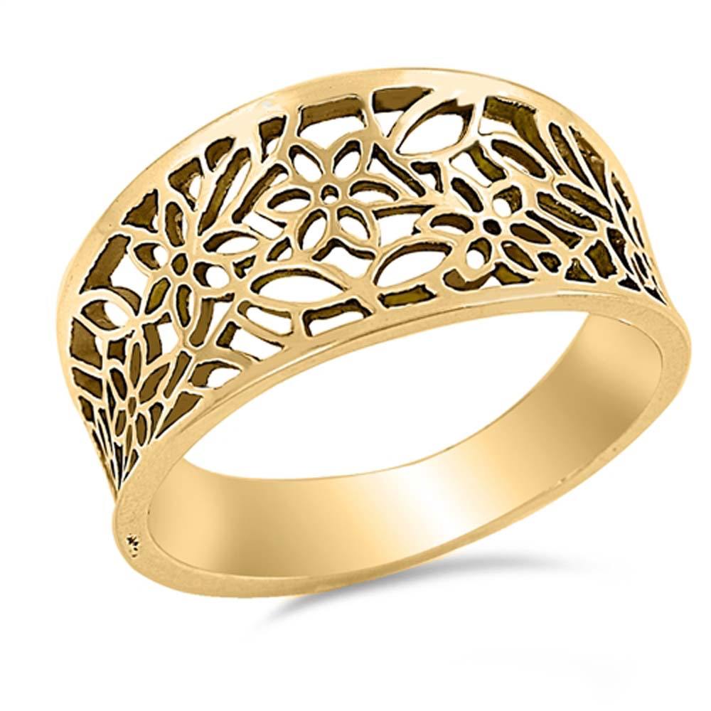 Sterling Silver Yellow Gold-Plated Flower Shaped Plain Rings, Face Height 11mmAnd Band Width 4mm