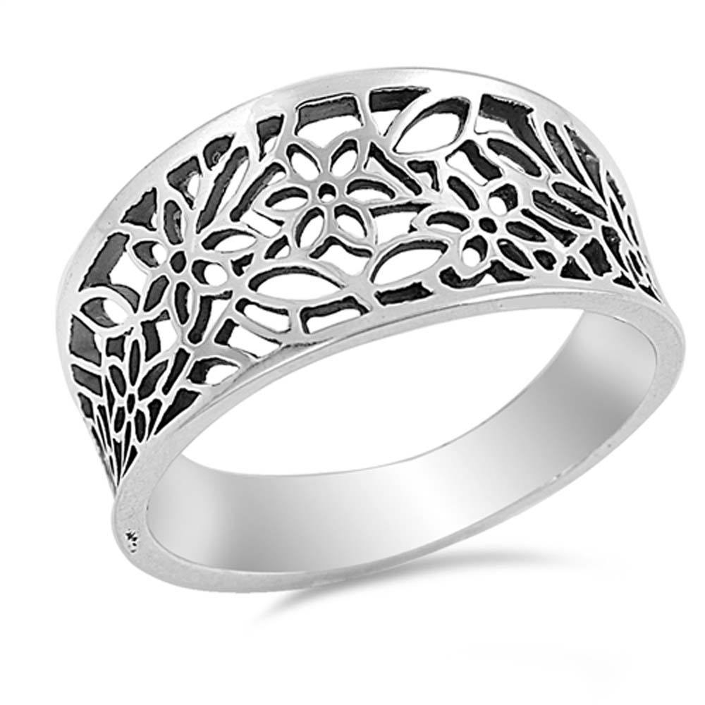 Sterling Silver Fancy Multi Flower with Leaves Wide Band Ring, Face Height of 11MM