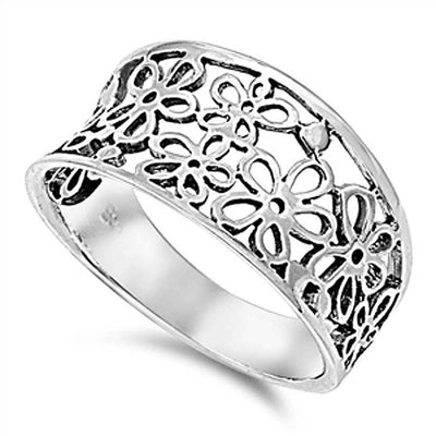 Sterling Silver Fancy Multi Flower Wide Band Ring with Face Height of 11MM