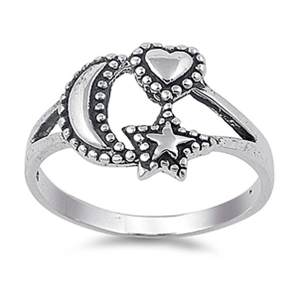 Sterling Silver Fancy MoonAnd StarAnd and Heart Ring with Face Height of 13MM