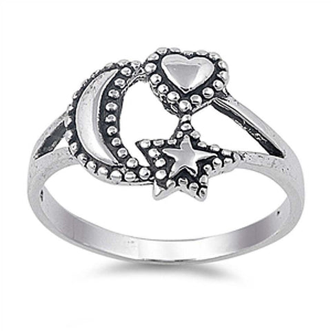 Sterling Silver Fancy MoonAnd StarAnd and Heart Ring with Face Height of 13MM