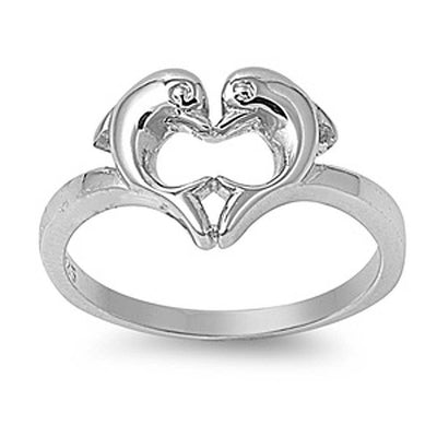 Sterling Silver Kissing Dolphins Ring with Face Height of 10MM