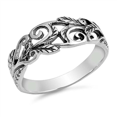 Sterling Silver Fancy Leaves Design Band Ring with Face Height of 7MM