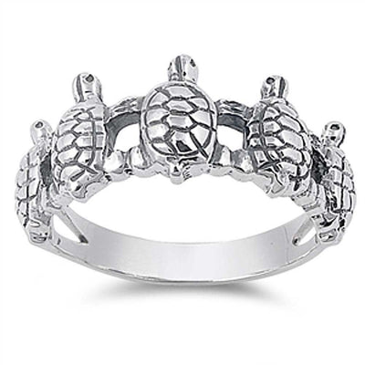 Sterling Silver Multi Turtles Band Ring with Face Height of 10MM
