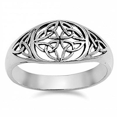 Sterling Silver Fancy Celtic Flower Trinity Knot Ring with Face Height of 10MM