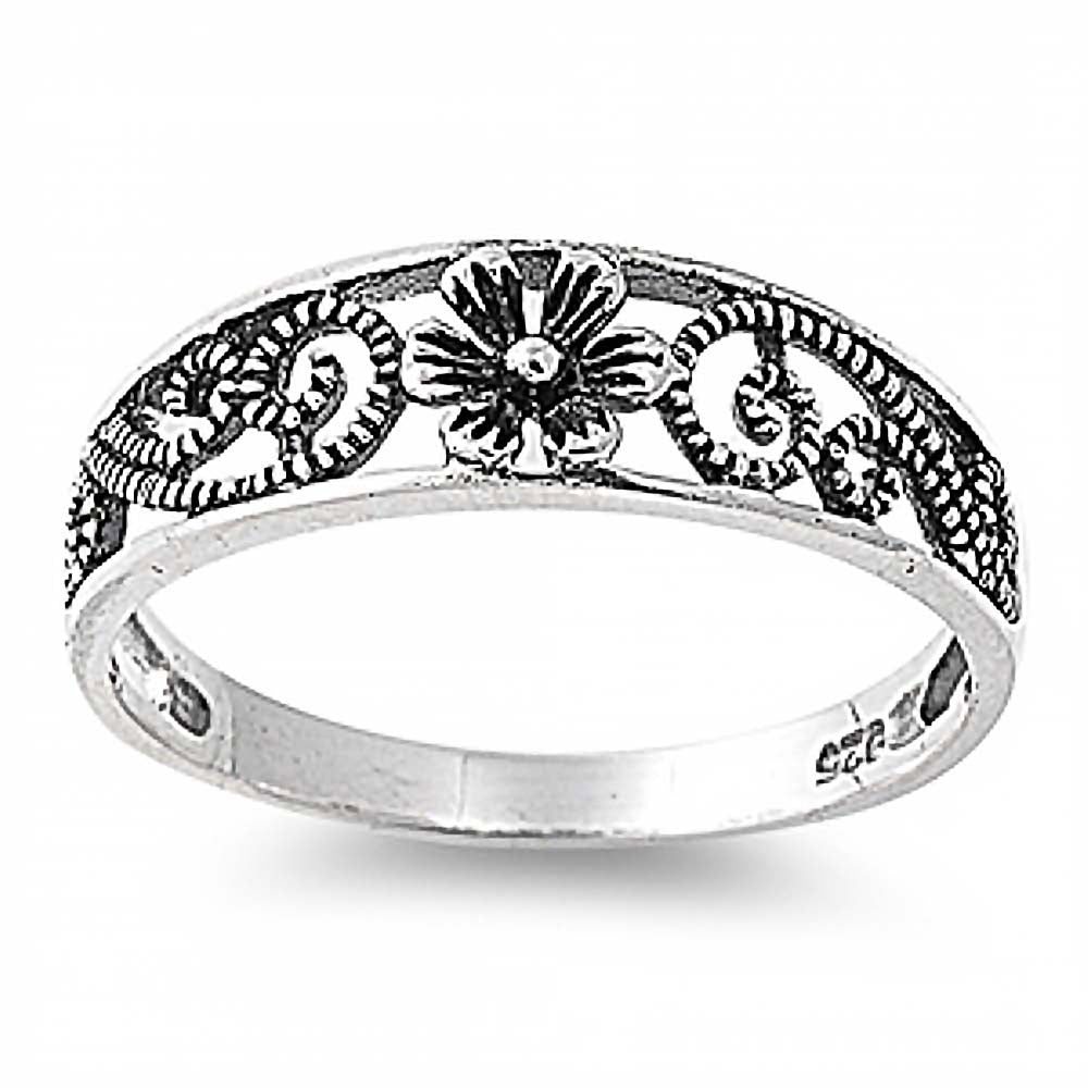 Sterling Silver Flower Band Ring with Face Height of 6MM