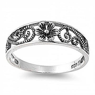 Sterling Silver Classy Flower Band Ring with Face Height of 6MM