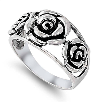 Sterling Silver Fancy Roses Ring with Face Height of 12MM