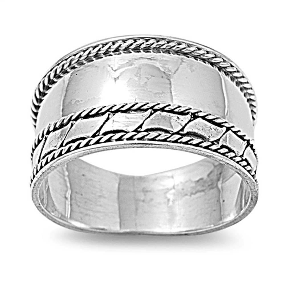 Sterling Silver Round Bali Design Ring and Band Width 12mm