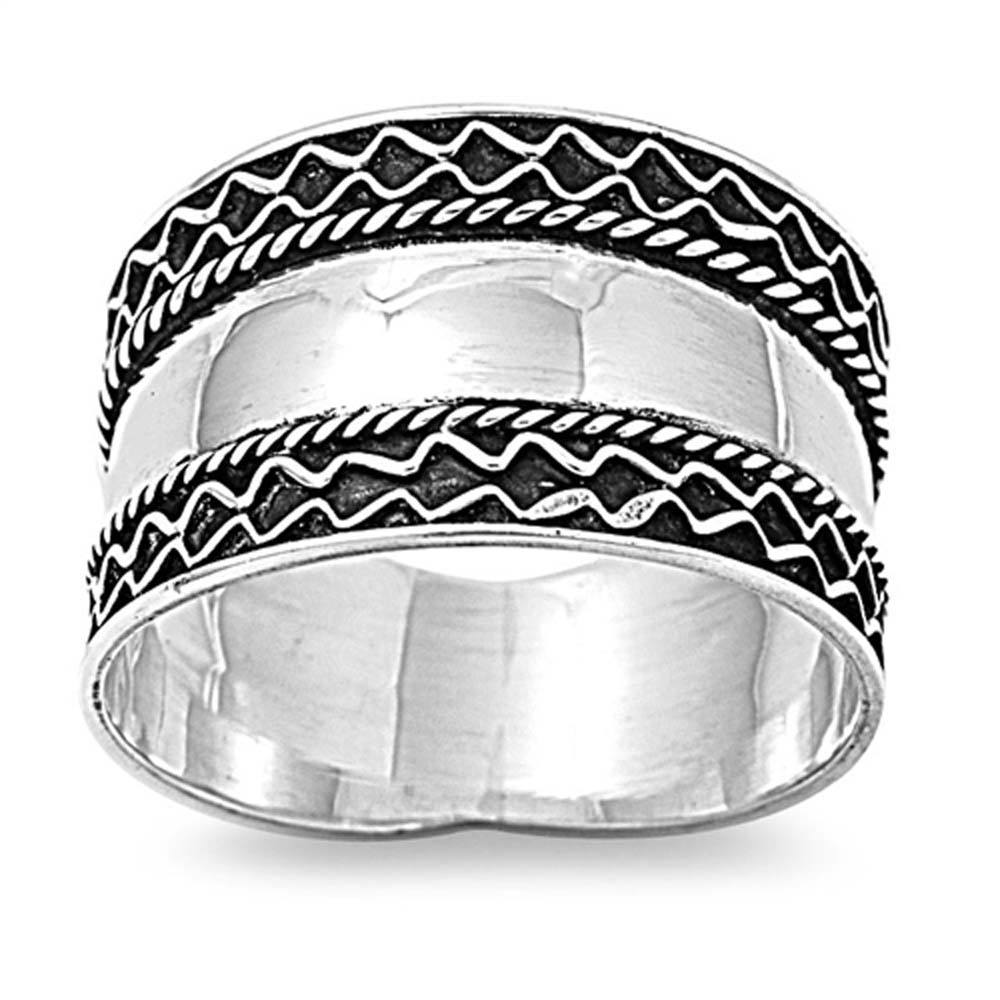 Sterling Silver Round And Curved Bali Design Ring And Band Width 11mm