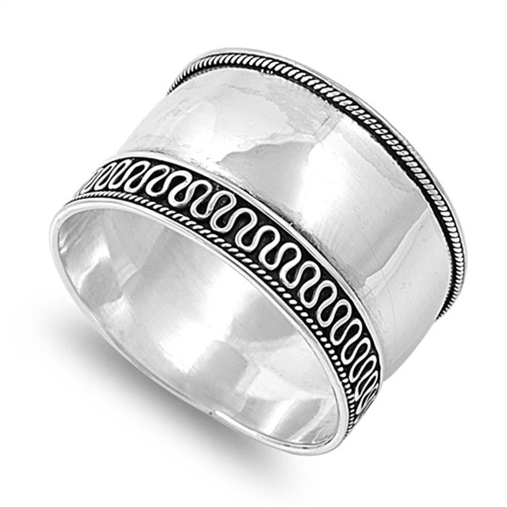 Sterling Silver Bali Eternal Curve with Rope Design Wide Band Ring with Face Height of 13MM