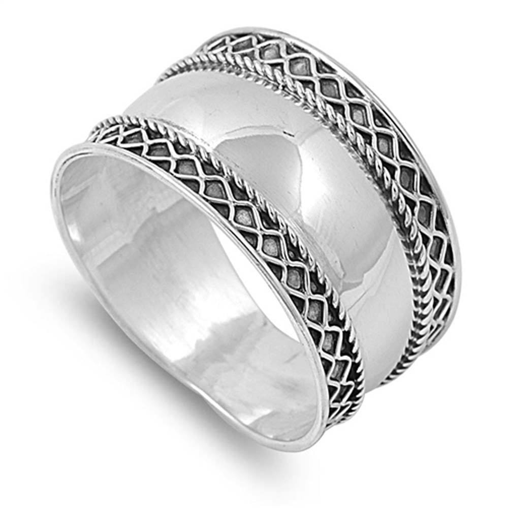 Sterling Silver Bali Tribal Design Wide Band Ring with Face Height of 12MM