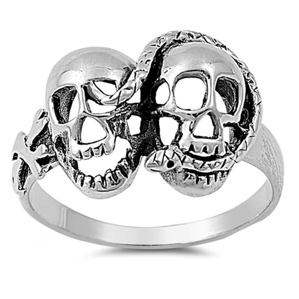 Sterling Silver Double Skull with Snake Ring with Face Height of 14MM