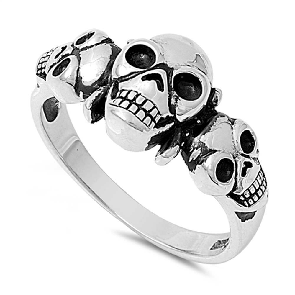 Sterling Silver Classy Three Skulls Design Ring with Face Height of 12MM