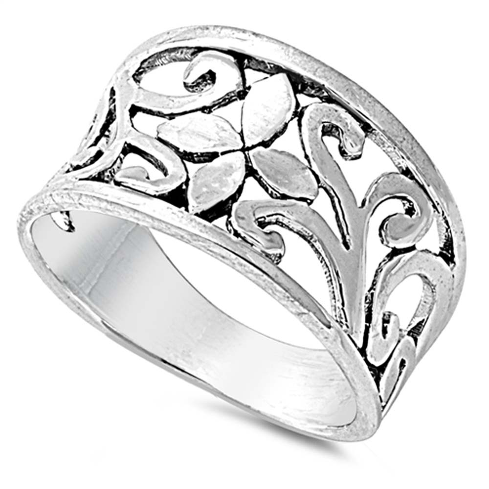 Sterling Silver Flower with Vine Design Band Ring with Face Height of 11MM