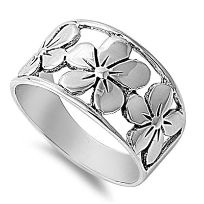 Sterling Silver Fancy Flower Wide Band Ring with Face Height of 11MM
